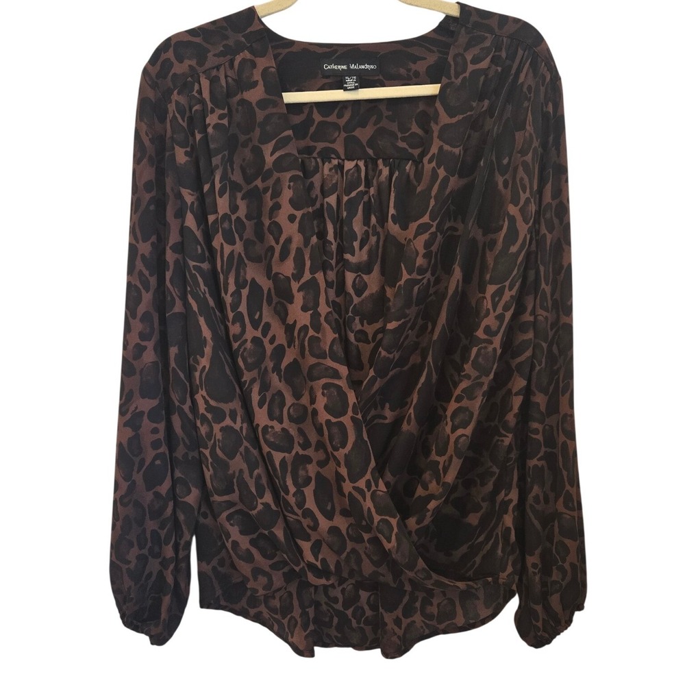 Catherine Malandrino Leopard Wrap Blouse Top Long Sleeve XL Mob Wife Office Chic